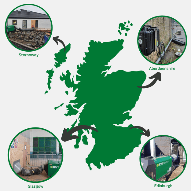 Scotland map highlighting RVT Groups hire solutions across Stornoway, Aberdeenshire, Glasgow and Edinburgh